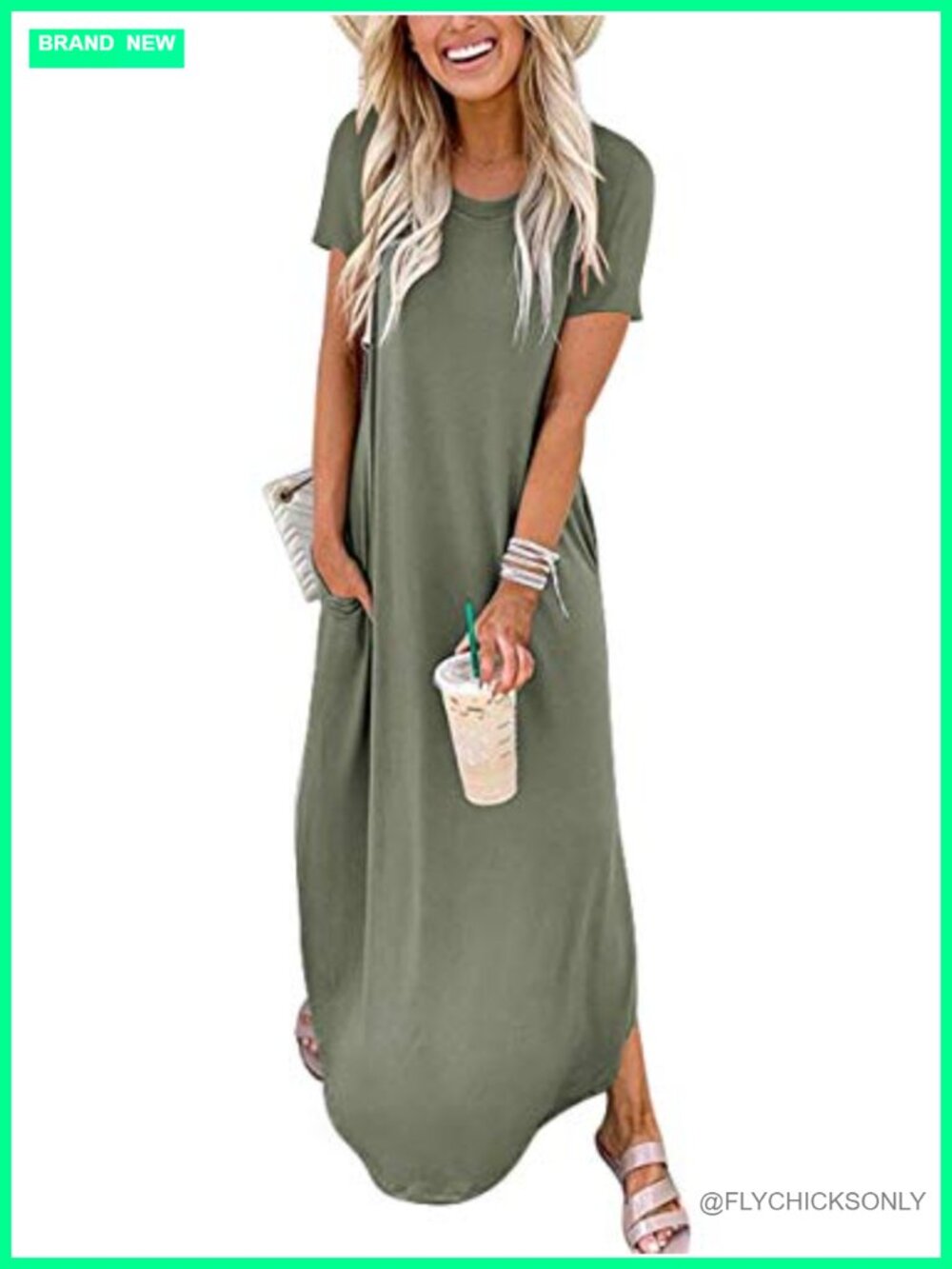 Loose Short Sleeve Maxi Dress with Slit & Pockets